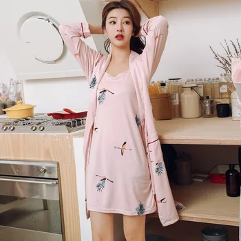 2 BUC Sexy Bumbac Imprimare camasi de Noapte Seturi de Haine pentru Femei 2019 Toamna cu Maneca Lunga Noapte Rochie Mini Pijamale, Halat de baie Două Piese Set