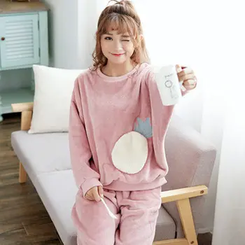 2020 Iarna Fleece Coral Pijamale Femei cu Mâneci Lungi Stil coreean Periat și Gros Stil coreean Acasă Set