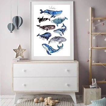 Acuarelă Whale Print Pepinieră Arta De Perete Panza Pictura Rechin Poster Plaja Nautice Poza Perete Decor Camera Pentru Copii Decor De Perete