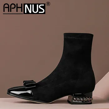 APHNUS Femei Cizme Papion Scurt Botine Mijlocul Tocuri inalte Pompe Femeie 2020 Pantofi Pentru Femei Cizme Noi