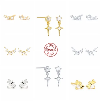 BOAKO Argint 925 în Stil European Placat cu Aur de 18k Placat Linie Stud Cercei Pentru Femeile Frunze Ramură de Cristal Cercei Bijuterii