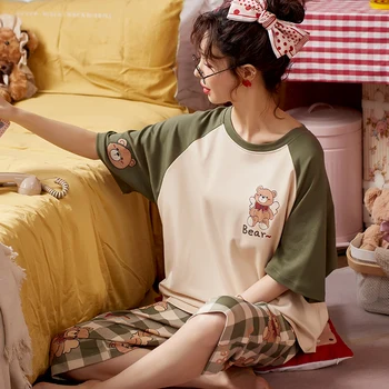 BZEL de Desene animate Drăguț Carouri Set de Pijama Femei, de Bumbac, Pijamale de Vara Noi Acasă Costum de Mari Dimensiuni Pijamale Confort Pijama Mujer de Vânzare Fierbinte