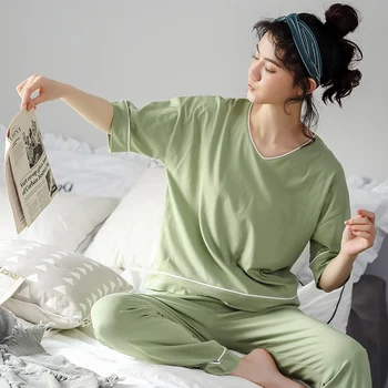 BZEL Verde V-Neck Sleepwear Solid Pijamale Pentru Femei, de Bumbac de Înaltă Calitate Acasă Purta Moda Body Maneca Scurta Pantaloni Lungi 2PC