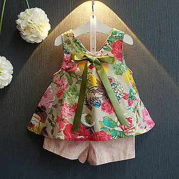 Citgeett Nou brand de vară fetita seturi de îmbrăcăminte Fată Florale V-Neck Topuri Vesta +pantaloni Scurți, Costume Set Haine 2-7Y