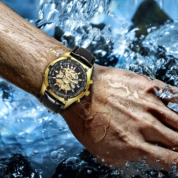 CÂȘTIGĂTORUL Oficial Ceas Automatic Barbati de Aur cuarț Mens Ceasuri de Lux, Marca Curea din Piele Rochie de Moda Ceas de mână