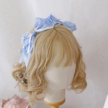 Dantelă Papion Banda De Susținere Accesorii De Par Japoneză Lolita Manual Dulce Drăguț Albastru Grila Hairband Ac De Păr Moale Sora Frizură