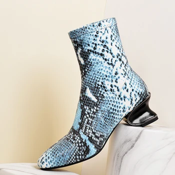 Femei Cizme Elastice Sintetice Blue Snake Print Glezna Cizme Copita Moda Toc Deget De La Picior Pătrat Doamnelor Pantofi Sexy 2019 Nou Chelsea Cizme