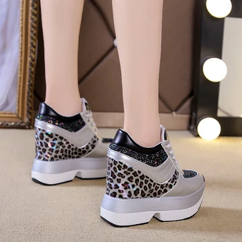Femei Cizme Glezna 2020 Toamna Platformă Înaltă Adidași Înălțime Increasi Pantofi din Piele 10 CM Toc Înalt Cizme Formatori Cizme Leopard