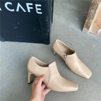 Femei De Moda Cizme Glezna Deget De La Picior Pătrat 2021 Vânzări La Cald Cu Fermoar Lateral Gros Tocuri Culoare Solidă Ghete Chelsea Cizme Pantofi