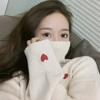 Femei Guler Pulover Tricotate Și Pulovere De Moda Coreeană Stil Drăguț Broderie Pulovere 2019 Toamna Și Iarna Noi Topuri