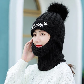 Femei Iarna Knit Beanie Balaclava Pălărie Litere Fleece Căptușit Cu Fermoar Masca De Fata Capac