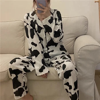Femei set de pijama rândul său, în jos guler topuri pantaloni de pijamale, haine de acasă 2 buc mikl vaci de imprimare de desene animate set de pijamale de bumbac Y035