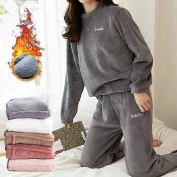 Femei Set Pijama de Flanel Cald Pijamale Pijamale Homewear de Iarna Gros de Catifea de sex Feminin de Pluș Pijamale Costum Tricou Hanorace