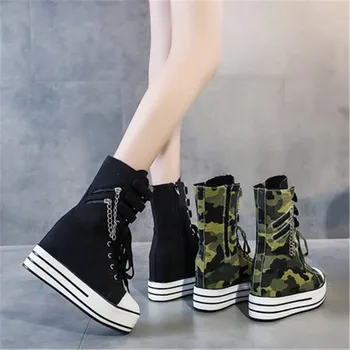 Femeile Cowboy Camuflaj Moda Pene Adidasi Platforma De Sex Feminin La Jumătatea Vițel Cizme Înălțime Creșterea Punk Lanț Denim Pantofi