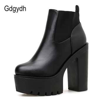 Gdgydh Noua Din Piele Neagra Pentru Femei Cizme De Primavara Toamna Bază Solidă De Culoare Doamnelor Pantofi Cu Toc Platforma Toc Pătrat Model Petrecere