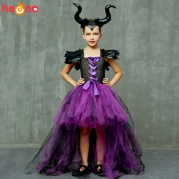 Halloween Maleficent Întuneric Rău Regina Fete Rochie Tutu cu Coarne Vrăjitoarea Copii Cosplay Partid Rochie de Bal Costum de Haine de Lux