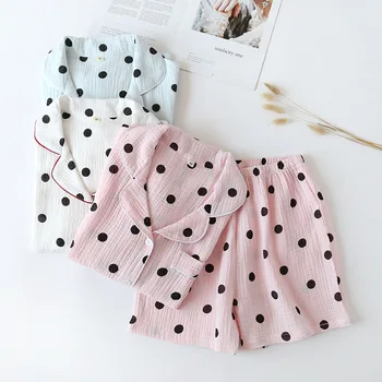 Japoneză Simplu Scurt Pijamale Femei Bumbac Mâneci Scurte Doamnelor Seturi De Pijama Pantaloni Scurți Drăguț Polka Dot Pijamale Femei Homewear
