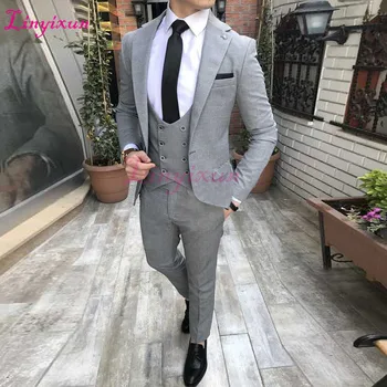 Linyixun Ultimul strat de modele de pantaloni elegant grey costume de barbati dublu rânduri vesta slim fit costum de afaceri de nunta clasic tuxedo