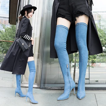 Moda Cizme De Iarna Pentru Femei Peste Genunchi Tocuri De Calitate Mult Confort Botines Mujer Coapsei Cizme Înalte Denim Botas Mujer Pantofi De Femeie