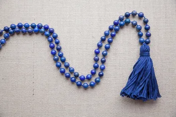 Mână Înnodate colier lung Piatra Naturala lapis lazuli Colier Înnodate Coliere Mala Yoga Ciucure Coliere 36 cm