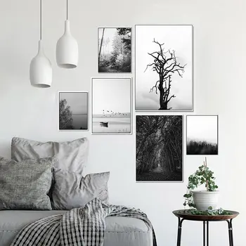 Negru, Alb, Iarnă, Copac Canvas Postere si Printuri Minimalist Pădure Peisaj Pictura Arta de Perete Decorativ Imagine Decor Acasă