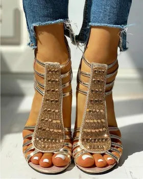 Nouă Femei Sandale Pantofi Sandalias Mujer de Vară 2020 Stil Pene Pompe Tocuri inalte Aluneca pe Bling Moda Gladiator Femeie
