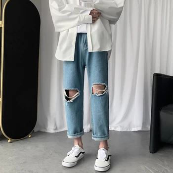 Oamenii Streetwear Rupt Blugi 2020 Negru Albastru Blugi Gaura Moda coreeană Drept Liber de Pantaloni Harem Masculin Pantaloni din Denim Plus 5XL-M