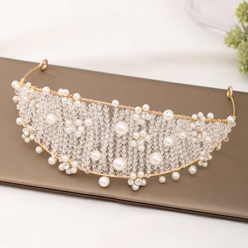 Perla Epocă De Aur De Culoare Caciula De Cristal Lucrate Manual Tiare Și Coroane De Mireasa Diademe Pentru Nunta Accesorii De Par Bentițe