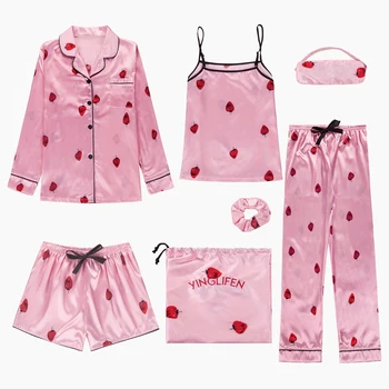 Primavara-Vara 7 Buc Set de Mătase pijamas 2020 Femei, Pijamale cu pantaloni Scurți Imprimare Maneca Lunga Top Elastic Talie Pantaloni Plin Lounge Sleepwear