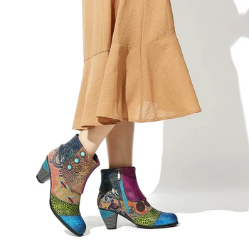 Retro Colorate Cizme de Model PU Piele Superba Toc Pătrat Mare cu Fermoar Cizme Femei Colorate Cizme Elegante, Pantofi