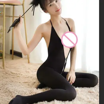 Sexy pijama cu fermoar expus corpul strâns transparent V adânc gât uniformă neagră de mătase