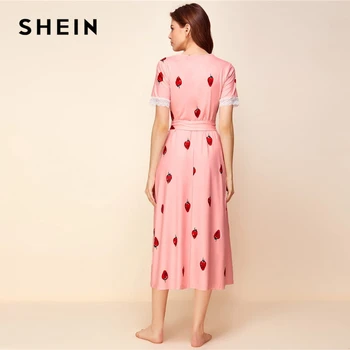 SHEIN Roz Dantelă Asieta Imprimare de Capsuni cu Centură Cămașă de noapte pentru Femei îmbrăcăminte de noapte de Toamnă Wrap V Gât Drăguț Pijamale camasi de Noapte