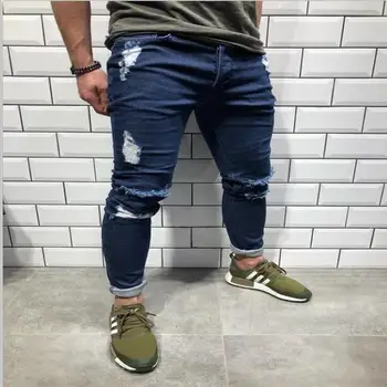 Slim Subțire Slab Primăvară Gaură în Blugi Rupți 2019 Casual Moda pentru Bărbați Jeans pentru Bărbați Pantaloni Lungi Creion Pantaloni Haine Imbracaminte