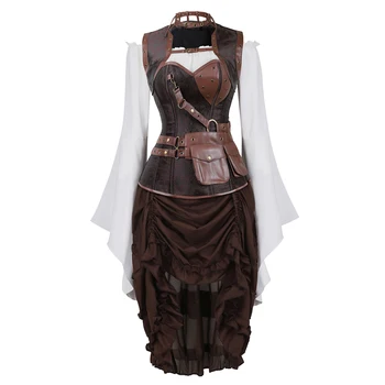 Steampunk rochie corset fusta top 3-piesă de costum cosplay gotice punk corsete, bustiere pirat burlesc vintage plus dimensiune maro