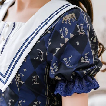 Stil japonez Fata de Lolita Rochie Albastru guler marinar Fete Kawaii Carusel Imprimate Princess Menajera Costum rochie de orice dimensiune
