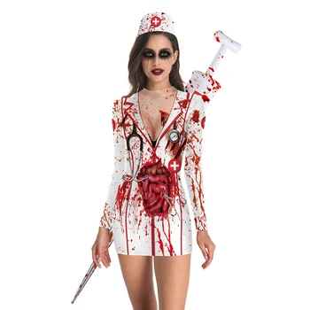 Sudoare Dentist Sexy Sângeroase Uniformă Halloween Cosplay, Costume pentru Femei Sacou Alb Roșu de Sânge de Groază Înfricoșător Rochie de Petrecere de Carnaval