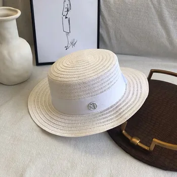 TOMKHU Vara Femei White Ribbon M Scrisoare Rotunde Plate de Top Paie Pălărie Plajă Luntraș Soare Capace Largă Refuz M Pălărie Panama Lady ' Fedoras