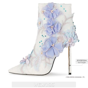 WETKISS Floare Pantofi Femei lucrate Manual Glezna Cizme Petrecere Pantofi de Nunta Rochie de Stilet Tocuri inalte, Botine din Dantela Subliniat in Picioare de Dimensiuni Mari