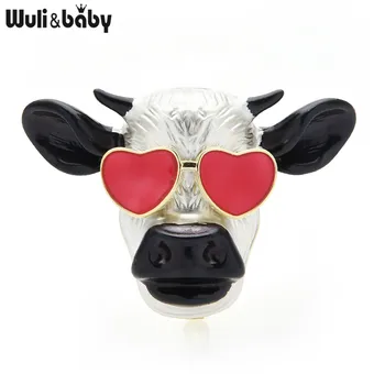 Wuli&copilul de Email Bou Vaca Broșe Femei de Desene animate Drăguț Poarte Ochelari de Vaca Animal Brosa de Anul Nou Cadouri Bijuterii