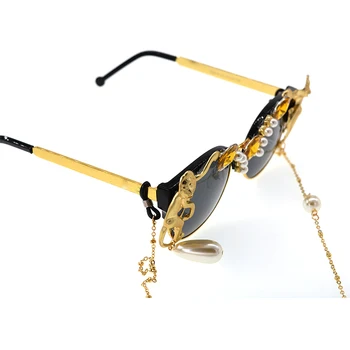 2019 Lady Gold Monkey Baroc ochelari de Soare Brand de Metal Retro Leopard Cadru Plaja Lanț de Metal Pearl Rotund Ochelari de Soare pentru Femei