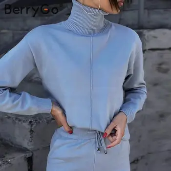 BerryGo pulover de Iarna costume femei seturi de Cauzalitate solid 2 buc Trening Guler maneca lunga, pulovere tricotate, pantaloni lungi seturi