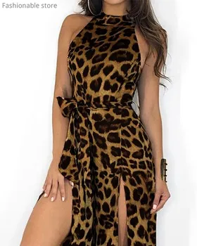 Femei Vara Leopard De Imprimare Fără Mâneci Fantă Picior Salopeta