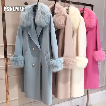 Genuine fox fur trim guler haine de iarnă birou doamnă purta de Înaltă calitate, la modă, elegant lână cașmir x-haină lungă pentru femei