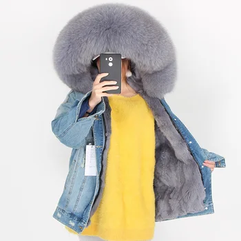 Jacheta de iarna pentru Femei Haină de Blană Adevărată Hanorac Real raton guler de Iepure Rex linie cu dungi bomber geaca din Denim Streetwear