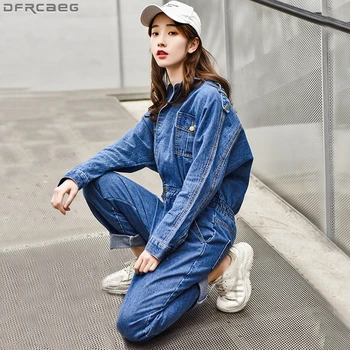 Moda Streetwear Salopeta Blugi Pentru Femei Vrac Doamnelor Vintage Salopete Denim Elastic Talie Cu Maneca Lunga Albastru Romper Pantaloni