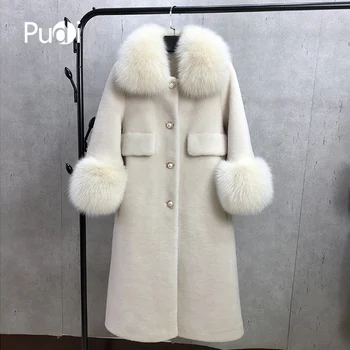 PUDI femei iarna cald real lână haină de blană sacou vesta doamna dimensiune hanorac cu real blană de vulpe guler F18002
