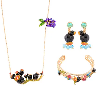 Serie de plante email negru floare colier set de bijuterii personalitate nou cercei cercei femei