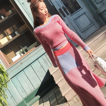 Stil Coreean 2019 Toamna Iarna Tricotate Fusta 2 Bucata Set Pentru Femei Maneca Lunga Pulover Pulover Și Fuste Lungi Costume Din Două Piese